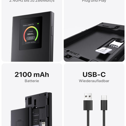Tenda mobiilne WiFi ruuter LCD-ekraaniga, Wi-Fi 6 kaasaskantav leviala, 2100mAh aku, USB-C port, Plug &amp; Play, WPA3, 4G modem, MiFi, minisuuruses, ühildub lukustamata Nano SIM-kaartidega, MF6