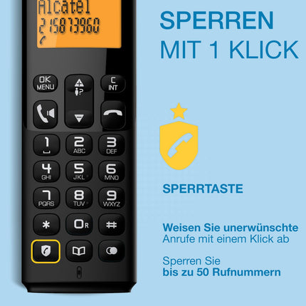 ALCATEL E260 - Cordless DECT Phone - Compact Design - Large Backlit Display - Hands-Free Function - Call Blocker - Black