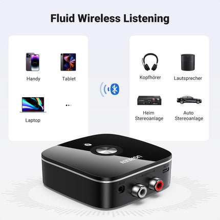UGREEN Bluetooth 5.1 aptX HD heliadapter stereosüsteemile, madala latentsusega traadita vastuvõtja RCA pistikupesaga, kahekordne sidumine mobiiltelefoni, tahvelarvuti jne-ga. Bluetooth-vastuvõtja kõlarite, võimendite jaoks.