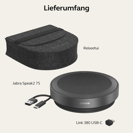 Jabra Speak2 75 wireless speakerphone with USB-C Bluetooth adapter, 4 noise-cancelling microphones, 65 mm wideband speaker, MS Teams certified, dark grey