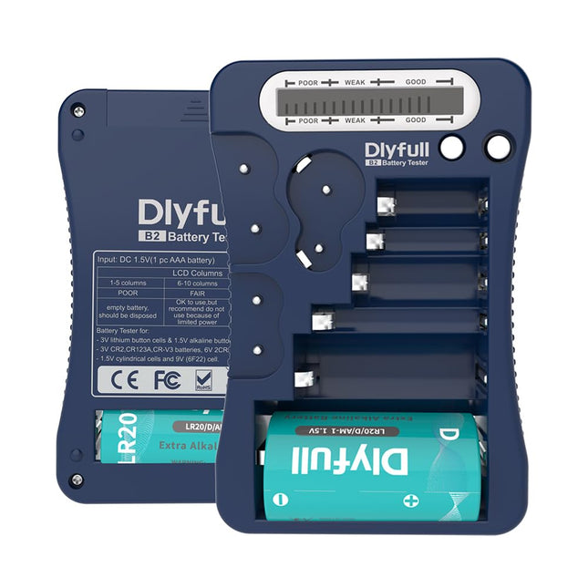 Dlyfull LCD universaalne akutester AA AAA CD 9V digitaalne testseade CR123A CR2 CRV3 2CR5 CRP2 akutester 1,5 V ja 3 V nööppatareidele, sinine
