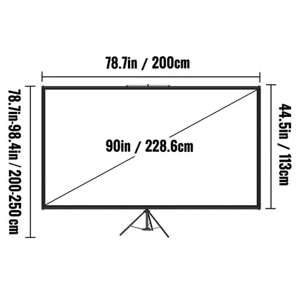 VEVOR 16:9 projektori ekraan 4K HD statiiviekraan projektsioonipind 200x113cm esitlussein 160-kraadine vaatenurk 200-250cm kõrgus reguleeritav ideaalne kodukino koosolekuruumi pulmadesse