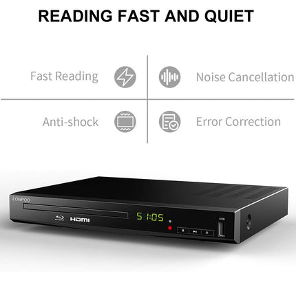 HD Blu-ray mängija, kompaktne Blu-ray mängija HDMI 1080P DVD-mängija HDMI-väljundi/AV-väljundi/koaksiaalväljundiga, USB-sisendiga, toetab kõiki DVD-sid ja B-regiooni / 2 Blu-ray plaate