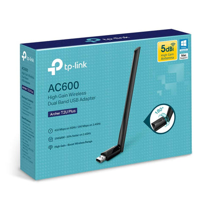 TP-Link Archer T2U Plus AC600 suure võimendusega kahesageduslik USB WiFi-adapter 5dBi antenniga (kuni 433 Mbps 5 GHz sagedusel ja 200 Mbps 2,4 GHz sagedusel, ühildub Windows 10/8.1/8/7/XP ja Mac OS X-iga)