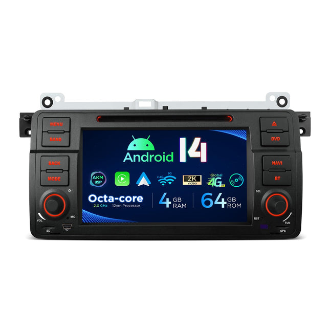 XTRONS 7-tolline Android 14 autoraadio autostereo multimeediapleier Octa Core 4+64GB BMW E46 M3 jaoks sisseehitatud 4G LTE güroskoopandurid automäng AKM DSP GPS Bluetooth WiFi DVD valikuline DAB OBD TPMS DVR