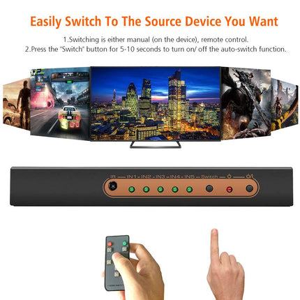 HDMI-lüliti 4k, HDMI-lüliti automaatne/manuaalne HDMI-lüliti 5 sisendi ja 1 väljundiga HDMI-jaotur, HDMI-jaotur toetab 4K 60hz/2K/1080P/3D/HDCP 2.2/UHD/HDR-i PS 3/4/XBOX One/360/DVD/HDTV jne jaoks