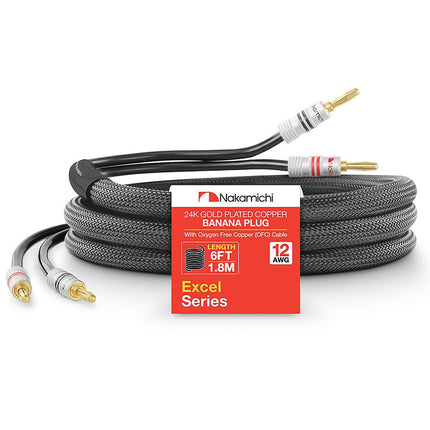 Nakamichi 24K kullatud banaanpistik (6 jalga) kõlarikaabliga, 99,9% hapnikuvaba vask (OFC), vastupidav punutud kaabel, kodukino võimendi - must (12 AWG / 6 jalga / 1,8 meetrit)