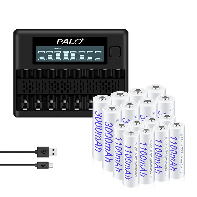 AA AAA akuga laadija - 8 AA 3000mAh ja 8 AAA 1100mAh laetavat akut 1.2V NiMH 8 pesaga nutikas LCD-ekraaniga akulaadija tühjendusrežiimiga