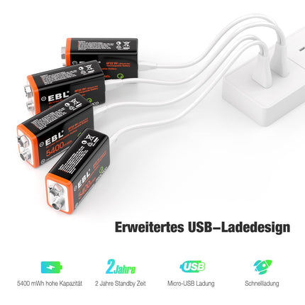 EBL 9V Rechargeable Batteries - USB Rechargeable Batteries 1.5V 5400 mWh, Micro Charging Cable - Fast Charge in 2 Hours (4-Pack)