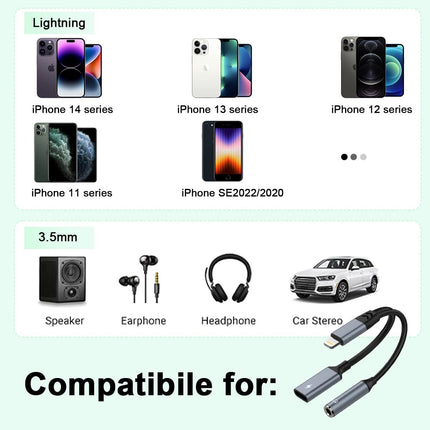 【Apple MFi sertifitseeritud】 2-ühes Lightning - 3,5 mm kõrvaklapipesa adapter iPhone'i ja laadija jaoks, kõrvaklappide muundur, jagaja, tugi muusikale + laadimine + HiFi + mikrofon + juhtimine (helistada ei saa)
