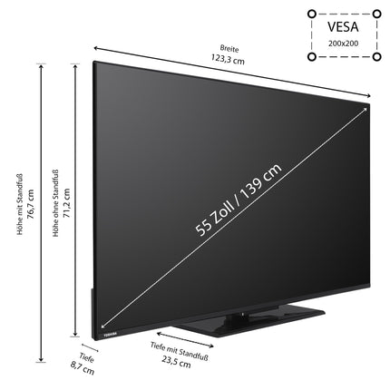 Toshiba 55-tolline VIDAA-teler (4K UHD nutiteler, HDR Dolby Vision, kolmekordne tuuner, Bluetooth, Dolby Audio) 55UV3463DAW