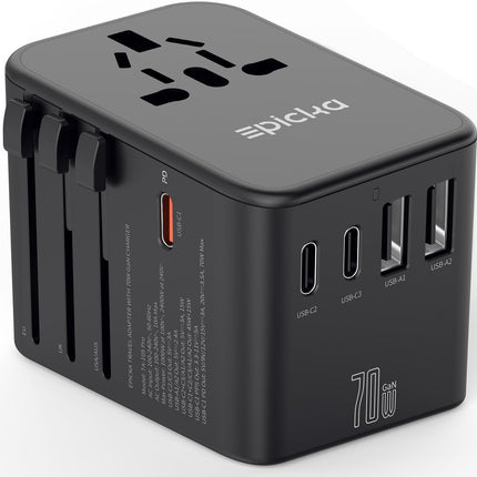 EPICKA ülemaailmne reisiadapter, GaN universaalne reisipistik 70W PD kiirlaadija, reisiadapter 3 USB-C, 2 USB-A, rahvusvahelise pistikupesaga adapteriga Saksamaale, USA-le, Suurbritanniale, Jaapanile ja Taile TA-105 Pro