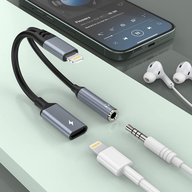 【Apple MFi sertifitseeritud】 2-ühes Lightning - 3,5 mm kõrvaklapipesa adapter iPhone'i ja laadija jaoks, kõrvaklappide muundur, jagaja, tugi muusikale + laadimine + HiFi + mikrofon + juhtimine (helistada ei saa)