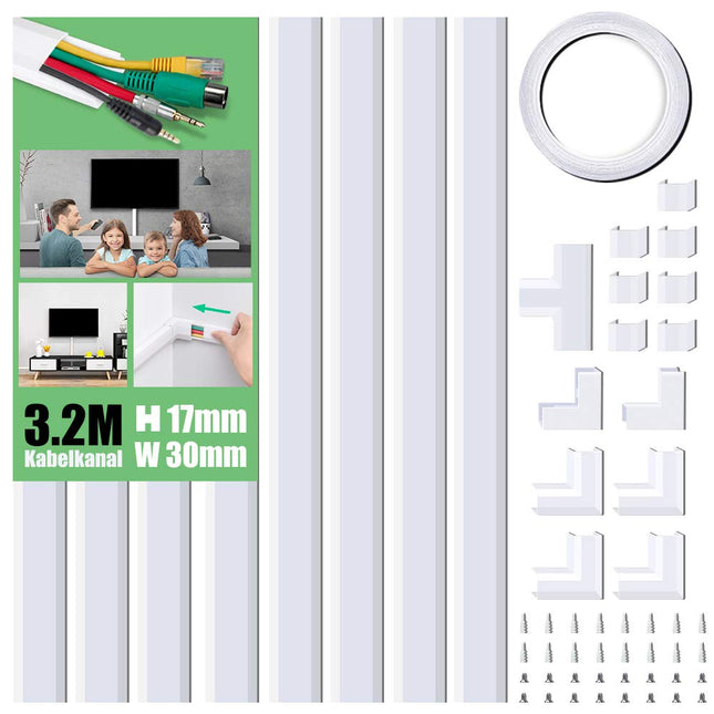 MUDEELA isekleepuv kaablikanal valge, 320 cm PVC kaablikate, kaablikanal kaablite peitmiseks, TV kaablikanal kõikidele toitekaablitele kodus/kontoris, 8 tk x P40cm*L3cm*K1.7cm,