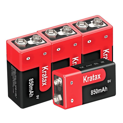 Kratax 9V Block 850 mAh Rechargeable Lithium-ion Batteries. [4 Pack] Suitable for multimeters, alarm systems, walkie-talkies, etc.