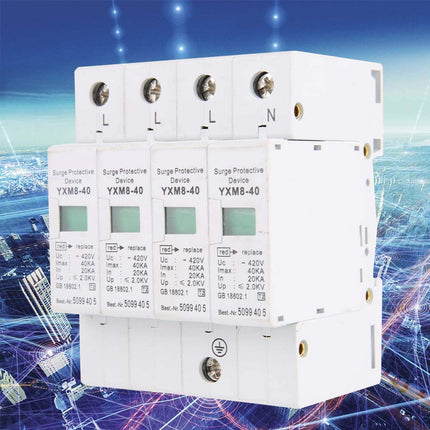 Home Surge Protector, 4P 40KA 220V Home Surge Protector DIN Rail Low Voltage Protection Arrester Device for Thunder Protection