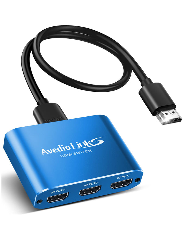 avedio lingid HDMI-lüliti koos 3,9 jala pikkuse HDMI-kaabliga, 4K@60Hz alumiiniumist HDMI-lüliti 3 sisse- ja 1 väljundiga, HDMI-jaotur 3 sisse- ja 1 väljundiga, toetab 3D-d, HDCP2.2, HDR10, 18 Gbit/s Fire Sticki, PS5, Xboxi, DVD ja Blu-Ray jaoks. Sinine.