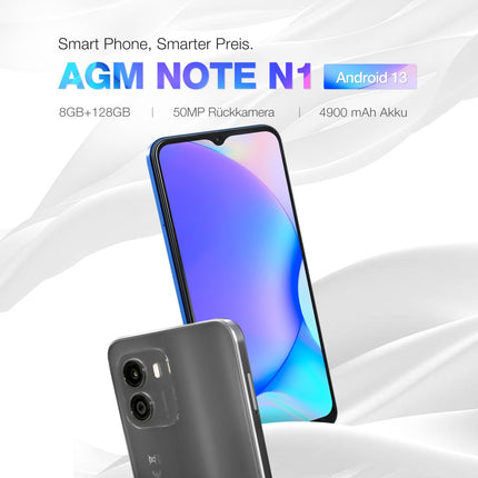 AGM Note N1 nutitelefon ilma lepinguta (2023), Android 13 mobiiltelefon, 8 GB + 128 GB, kahekordne 50 MP kaamera + 2 MP mikrokaamera, 6,52" HD+, 4900 mAh aku, 4G kahe SIM-kaardiga mobiiltelefon, näotuvastus/sõrmejäljelugeja/OTG/GPS, sinine