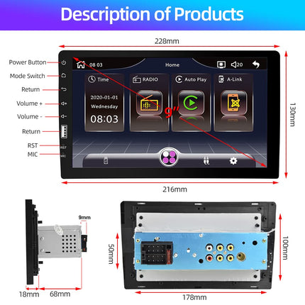 Podofo 1 DIN autoraadio Apple Carplay ja Android Autoga, 9-tolline ühe DIN autoraadio ekraaniga, Bluetoothi/FM-raadio/SWC/peegliühenduse/USB + tahavaatekaamera ja mikrofoniga