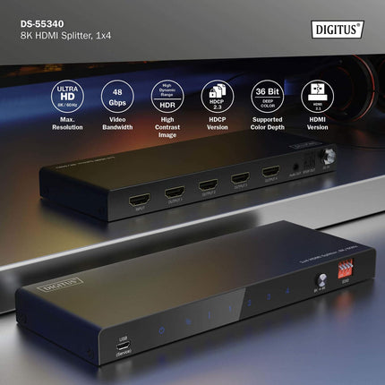 DIGITUS Splitter HDMI 1x4 8K/60Hz Toslink, Stereo, EDID Contr.