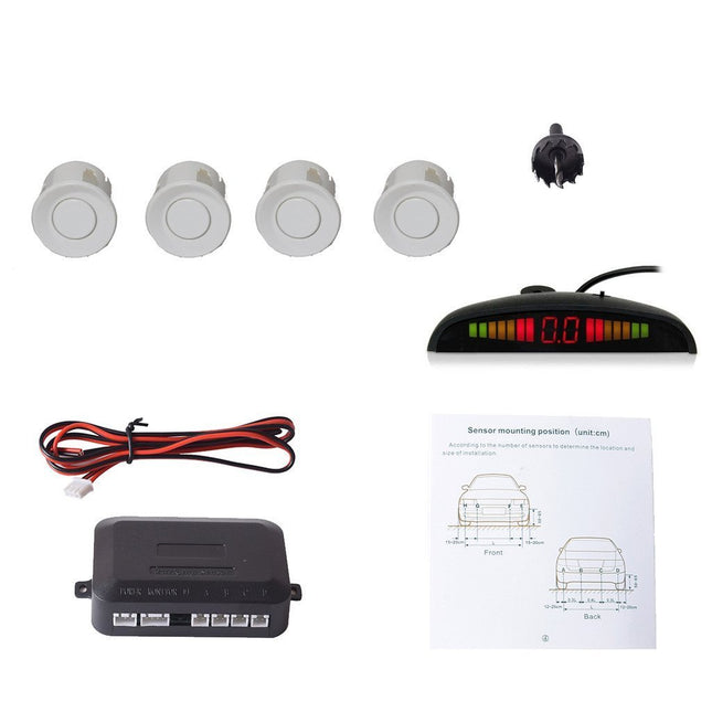 CoCar Car Reversing Alarm Parking Aid 4 Parking Sensors Parking Assistant Parking System PDC + LED Displays + Acoustic Warning - White