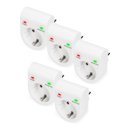 DIGITUS DN-95400 – Ülepingekaitse adapter – 5 tk – 16 A / 230 V / 50 Hz – Max. 3500 W – LED-oleku indikaator – Lekkevool max. 13 500 A – Valge