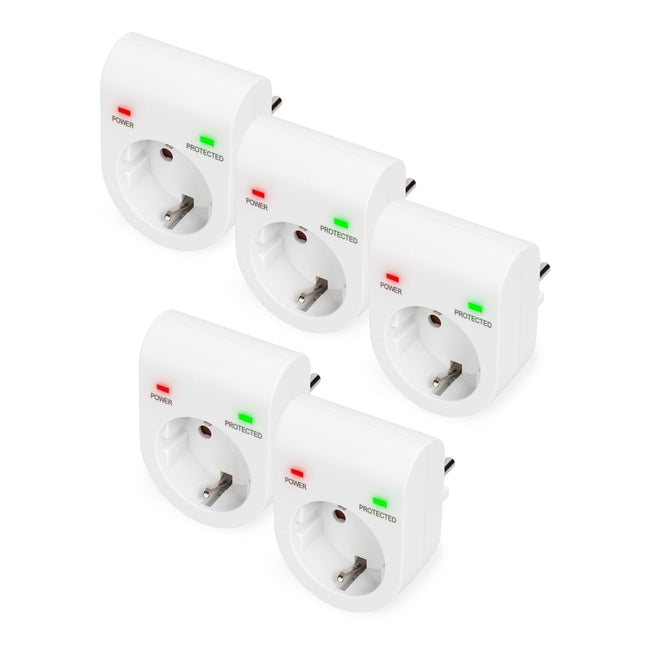 DIGITUS DN-95400 – Ülepingekaitse adapter – 5 tk – 16 A / 230 V / 50 Hz – Max. 3500 W – LED-oleku indikaator – Lekkevool max. 13 500 A – Valge