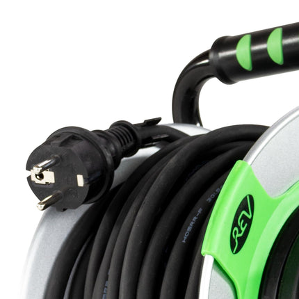 REV EX cable reel, 25m, H05RR, IP44, 3000W, with sliding contact, outdoor cable reel, 4 sockets, green