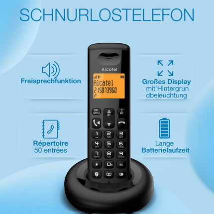 ALCATEL E260 - Cordless DECT Phone - Compact Design - Large Backlit Display - Hands-Free Function - Call Blocker - Black