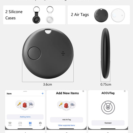 Õhusildi võtmeleidja, õhusildi jälgija võtmeleidja nutikas Bluetooth-silt, veekindel esemete leidja minijälgija, mis ühildub Apple'i rakendusega Find My Items (ainult iOS) kohvrite, kottide, pagasi ja passide jaoks (AT-2PCS)