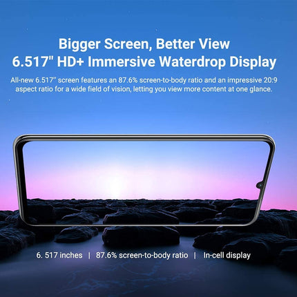 Blackview A70 Android 11 nutitelefon ilma lepinguta, 6,5-tolline HD+ ekraan, 8,3 mm õhuke ja kerge, 5380mAh aku, kaheksatuumaline 3GB+32GB, 13MP+5MP, kahe SIM-kaardiga 4G telefon, näotuvastus ja sõrmejäljelugeja, must