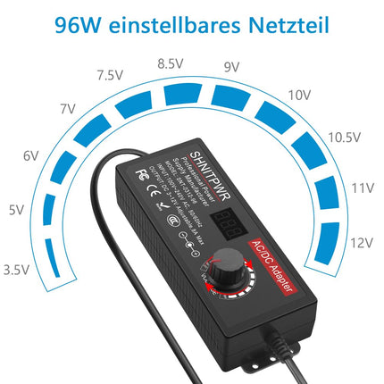 SHNITPWR universaalne toiteplokk 3.5-12V 8A 96W reguleeritav toiteadapter DC 3.5V 4.5V 5V 6V 7V 8V 9V 10V 12V toiteadapter 14 otsaga ja polaarsuskaabliga koduelektroonika LED-ribale