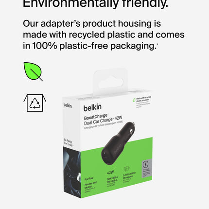Belkin BoostCharge 2-pordiga autolaadija, 42W, kiirlaadimine USB-C, 30W PPS, 12W USB-A pordiga, Apple iPhone 16, 16 Pro, 16 Pro Max, iPhone 15, 14 seeria, Samsung Galaxy S24 ja teiste mudelite jaoks – must