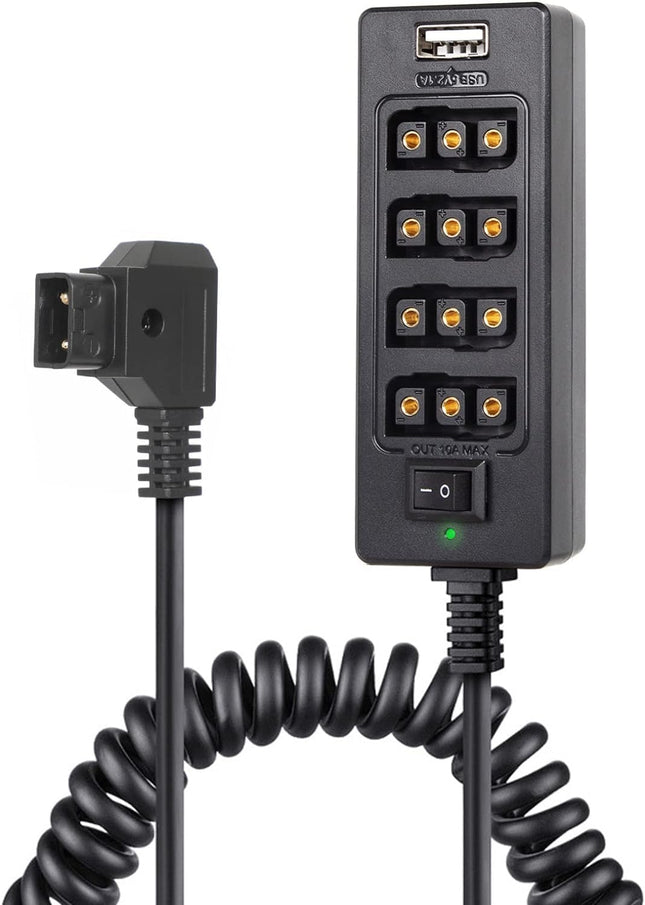 Momani toitekaabel D-tüüpi isas- ja 4-pordiline D-tüüpi emane pistik, jaoturkaabel V-kinnituse jaoks. Aku Power99 NanoOne, 4-pesaline D-tüüpi adapter toitelülitiga/USB-port foto, kaamera, peegelkaamera ja muude peegelkaamerate jaoks.