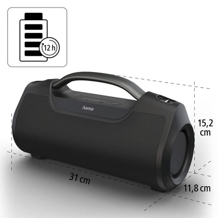 Hama Bluetooth-muusikakarp SoundBarrel (Bluetooth-kõlar, veekindel vastavalt IPX6 standardile, kaasaskantav muusikakarp 60 W, 12-tunnine aku, toiteplokk) must
