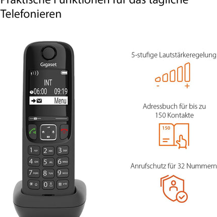 Gigaset AS690HX - DECT-telefonitoru laadimisalusega - Fritzboxiga ühilduv - kvaliteetne juhtmeta telefon ruuteritele ja DECT-baasjaamadele - suure kontrastsusega ekraan, must [saksakeelne versioon] [ilma baasjaamata]
