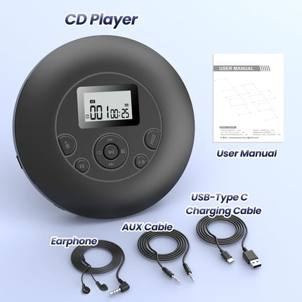 DESOBRY kaasaskantav CD-mängija, laetav Discman CD-mängija kõrvaklappidega, lukustus ja põrutusvastane funktsioon, CD-mängija AUX-iga, LCD-ekraaniga CD-mängija