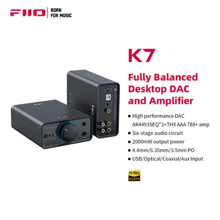 FiiO K7 täielikult tasakaalustatud HiFi DAC kõrvaklapivõimendi AK4493S*2, XMOS XU208 PCM384kHz DSD256, USB/optilised/koaksiaal-/RCA sisendid, 6,35 mm/4,4 mm väljund