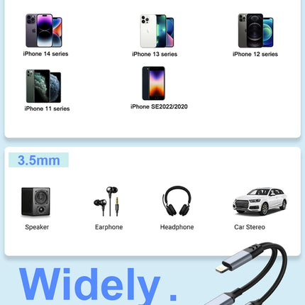 【Apple MFi sertifitseeritud】 2-ühes Lightning - 3,5 mm kõrvaklapipesa adapter iPhone'ile ja laadijale, kõrvaklappide muundur, jagaja, tugi muusikale + laadimine + HiFi + mikrofon + juhtimine iPhone'ile