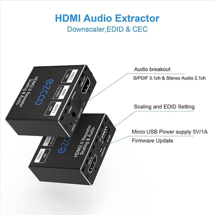 HDMI 2.0 heliekstraktor 4K 60Hz PS5 1080P 120Hz 4:4:4 HDCP 2.2 18 Gbit/s D-olby Vision HDR DE-Embed SPDIF optiline 5.1CH 3.5mm stereo L/R heliväljund Digitaalne heli EDID haldus, skaleerija 4k 1080P