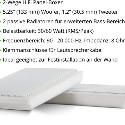 Pronomic FLS-540E WH lamepaneeliga seinakõlarite paar (HiFi lamekõlar, 2-ribaline karp, 5,25"/133 mm bassikõlar, 1,2"/30 mm kõrgsageduskõlar, 30/60 vatti (RMS/tipp), sidestusposti ühendus) valge