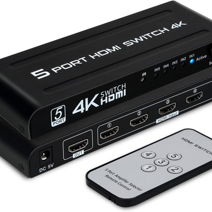 TCNEWCL HDMI-lüliti 5 sisse 1 väljund 4K, HDMI-lüliti valija 5-pordiline videokonsool IR-kaugjuhtimispuldiga, mis toetab UHD 3D-d PS4, Xboxi, Blu-Ray-mängija, TV, DVD jaoks