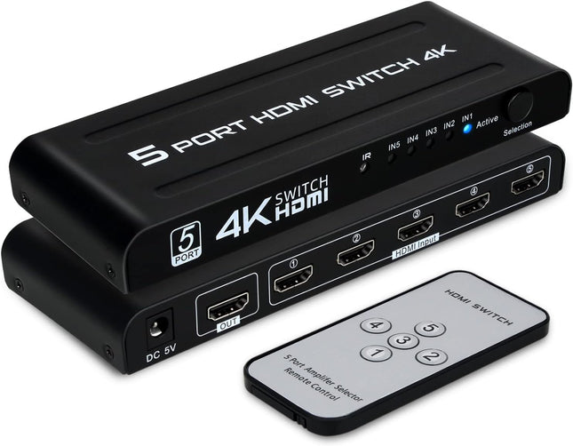 TCNEWCL HDMI-lüliti 5 sisse 1 väljund 4K, HDMI-lüliti valija 5-pordiline videokonsool IR-kaugjuhtimispuldiga, mis toetab UHD 3D-d PS4, Xboxi, Blu-Ray-mängija, TV, DVD jaoks