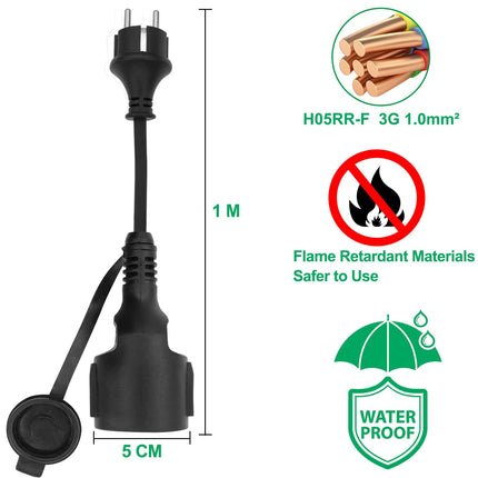 HuaLiSiJi maandatud pikenduskaabel 1m 16A / 250V, lühike kaabel 2 AC pistikupesaga IP44 välis- või sisekasutuseks, koju, kontorisse (1m)