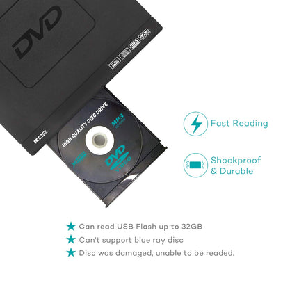 KCR DVD-mängija telerile, DVD/CD/MP3 USB-pordi, HDMI- ja AV-väljundiga (HDMI- ja AV-kaablid kaasas), kaugjuhtimispult