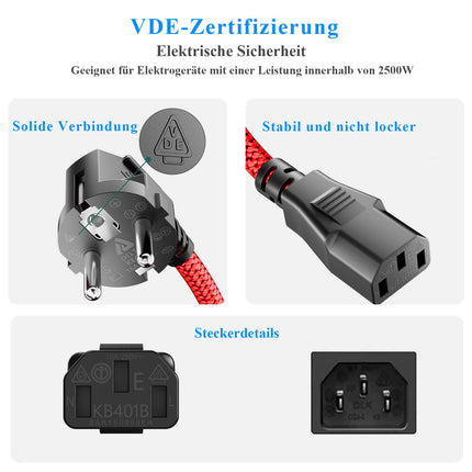 Toitekaabel 3-kontaktiline, RIKSOIN külmseadmete kaabel 3m nailonist punutud universaalne toitekaabel (CEE 7/7 kuni IEC60320 C13) VDE-ga monitoride, arvutite, printerite, PS3/PS4 PRO, skannerite, telerite, ekraanide, projektorite jne jaoks.
