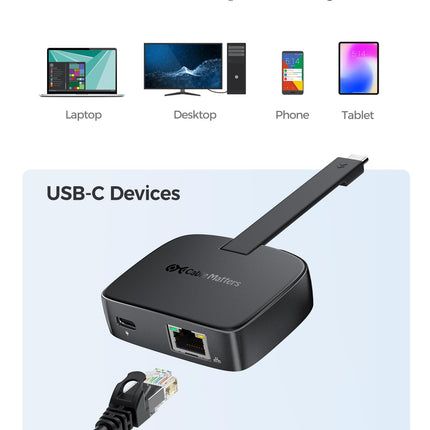 Cable Matters kaasaskantav USB C 2.5 gigabaidine Etherneti adapter 100W laadimisega (2.5g Ethernet USB C adapter) - ühildub MacBook Pro, iPad Pro, XPS ja Surface Pro seadmetega