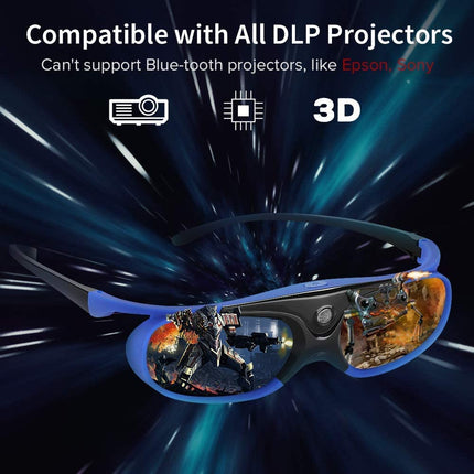 DLP Link Active Shutter 3D Glasses, Rechargeable, 144 Hz, Lightweight and Comfortable, Left and Right Eye Rotation for DLP Link Projectors
