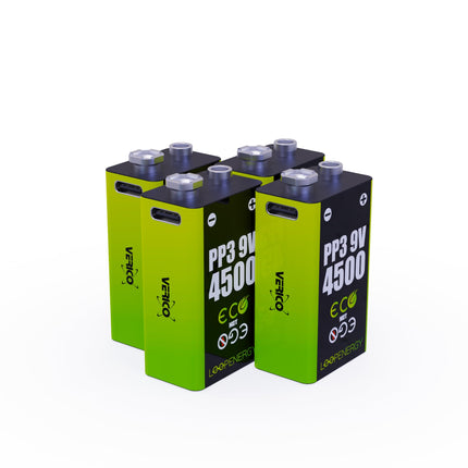 VERICO LoopEnergy 9V Block 4-pack, PP3, 4500 mWh, Rechargeable USB-C Battery, Li-Ion Battery, 2 x Charging Cables USB Type A to 2 x Type C