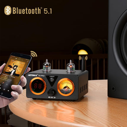 AIYIMA T9PRO JAN5725 Vacuum Tube Amplifier 100Wx2 TPA3250 Stereo USB DAC Amplifier QCC3031 Bluetooth 5.1 aptxHD Coax/Opt HiFi Home Audio Digital Amplifier with VU Meter (32V Power Supply)